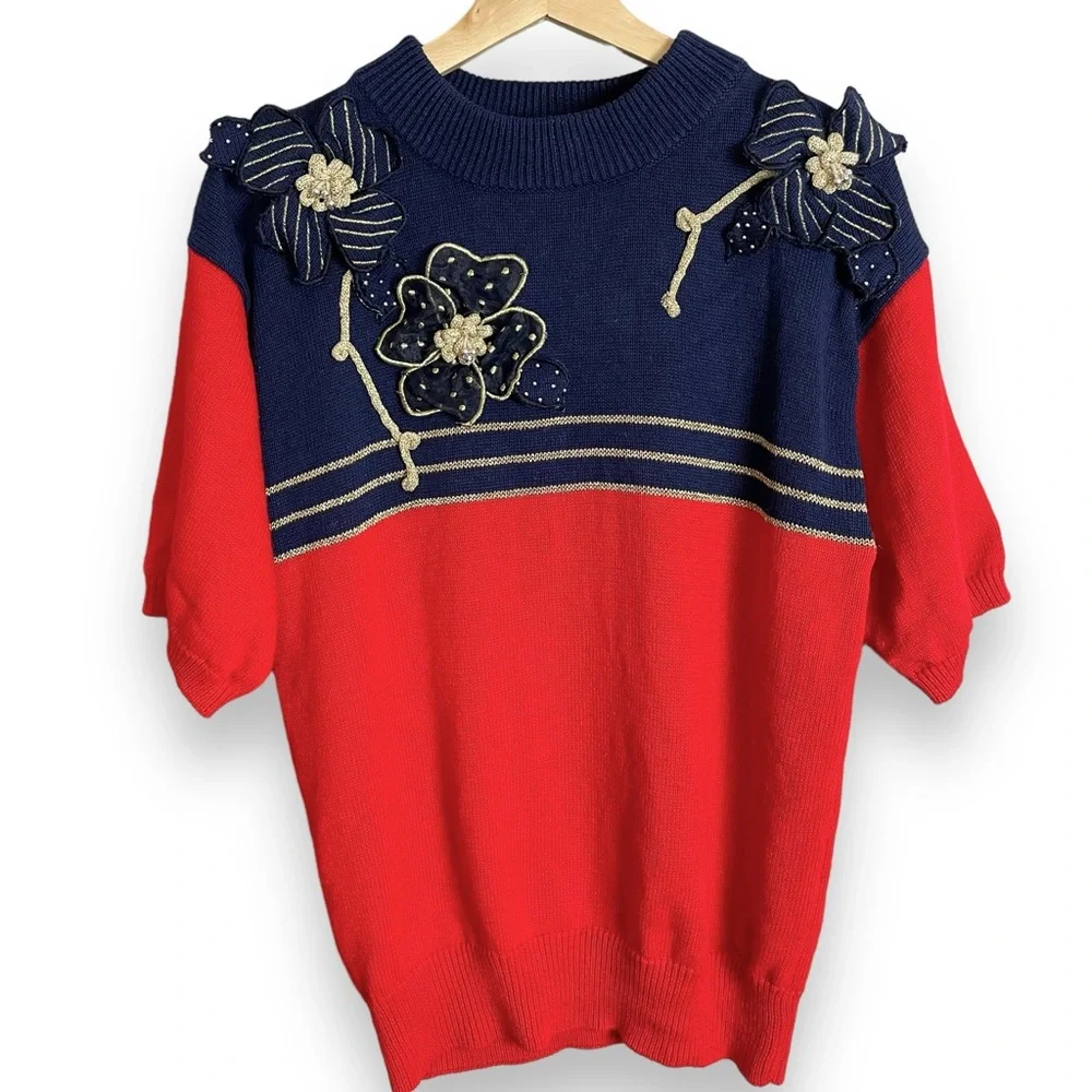 Vintage Sweater‎ Short Sleeves 4th of July America Embellished Flowers Red Blue